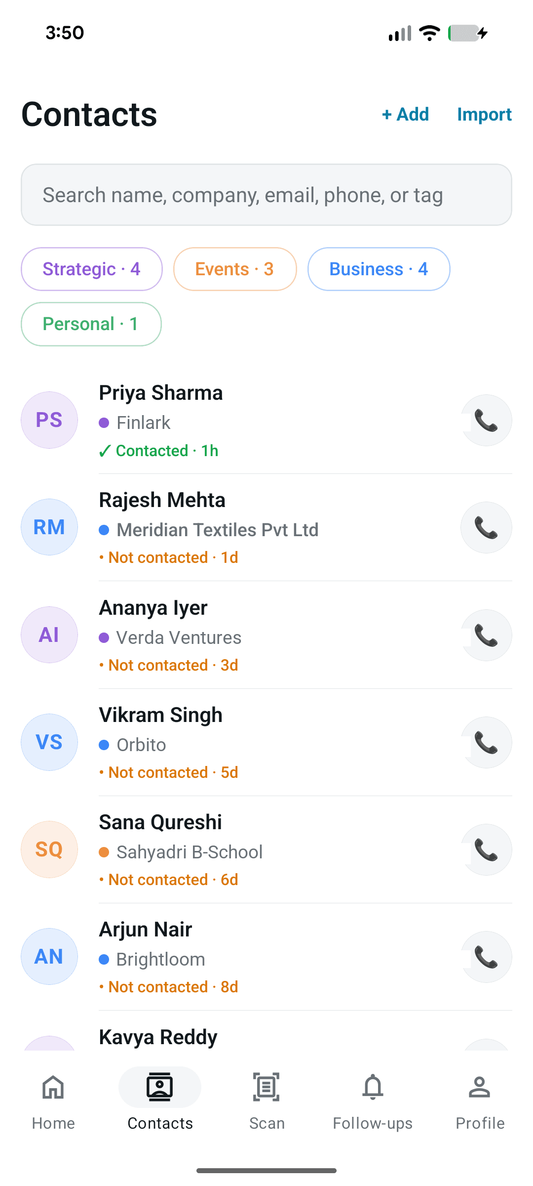The Networthy contacts list grouped by category