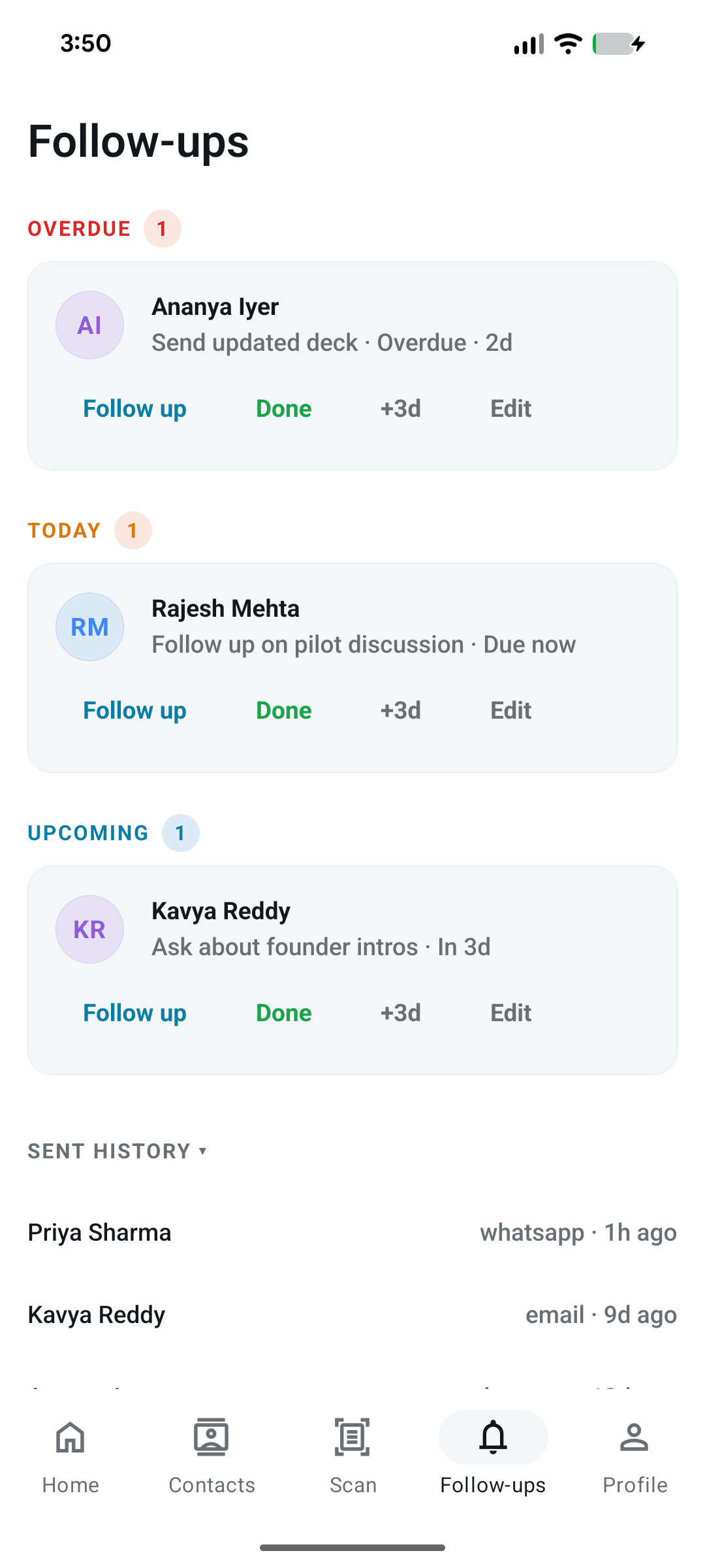 Networthy follow-ups screen with overdue, today and upcoming reminders