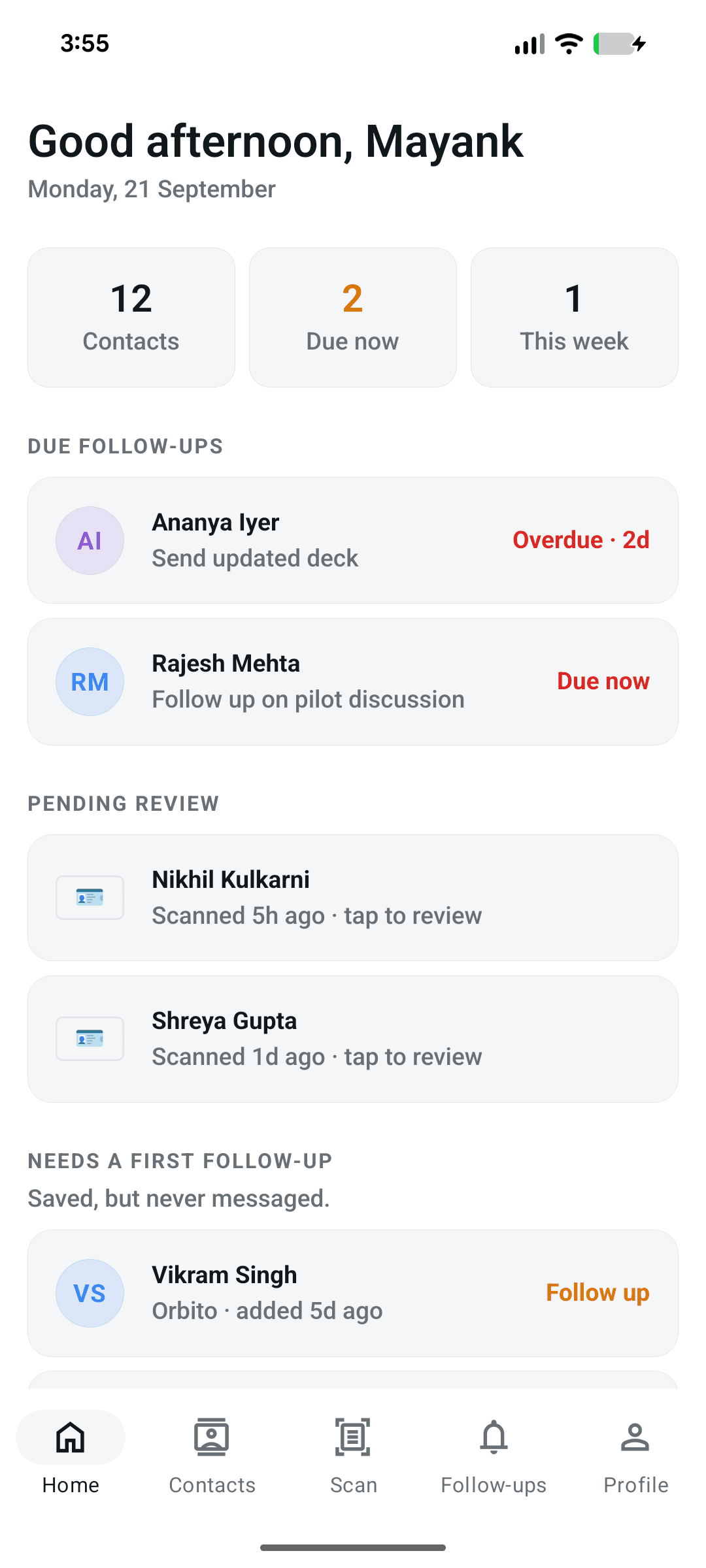 The Networthy home screen showing contacts needing a first follow-up
